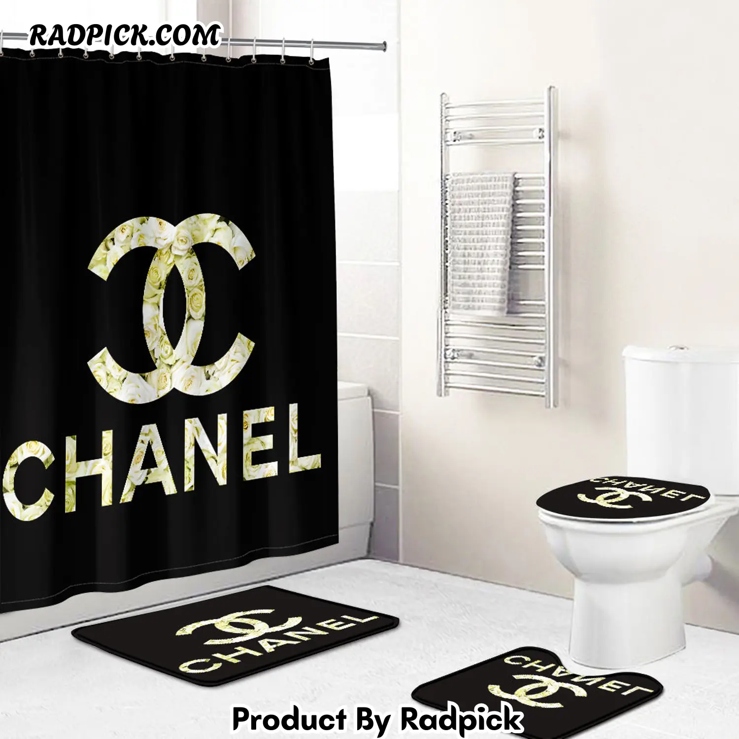 Chanel shower curtain black and gold flowers luxury bath mat sets shower curtain  rp3871165.png